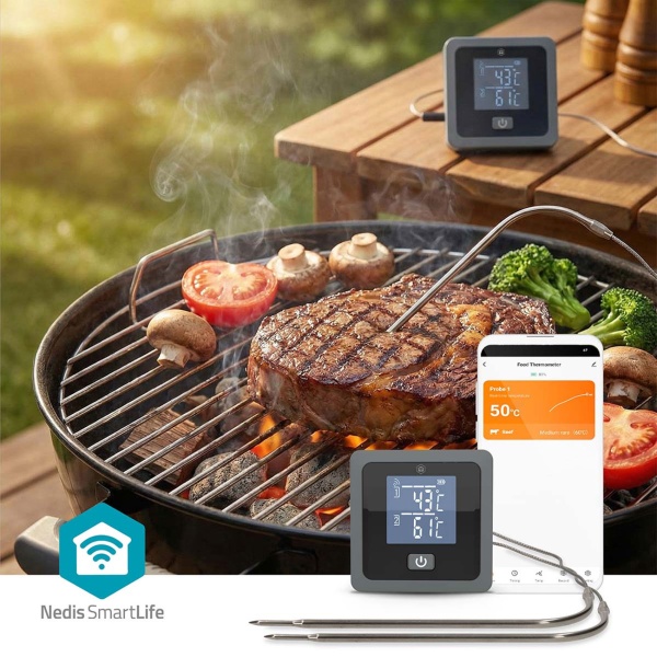 Präzises Bluetooth Fleischthermometer mit 2 Sonden für BBQ & Ofen – Smarte App-Steuerung, Timer & Alarm für perfekte Grillergebnisse, 7,5cm
