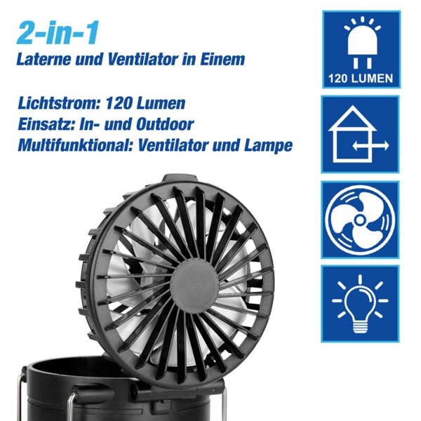 2in1 Campinglampe & Ventilator – Helles COB Licht & Abkühlung für Zelt, Outdoor & Wandern – Kompakt & Batteriebetrieben