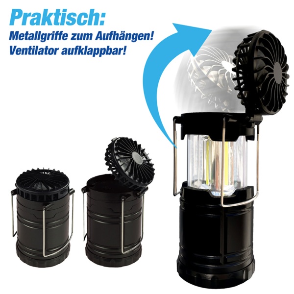 2in1 Campinglampe & Ventilator – Helles COB Licht & Abkühlung für Zelt, Outdoor & Wandern – Kompakt & Batteriebetrieben