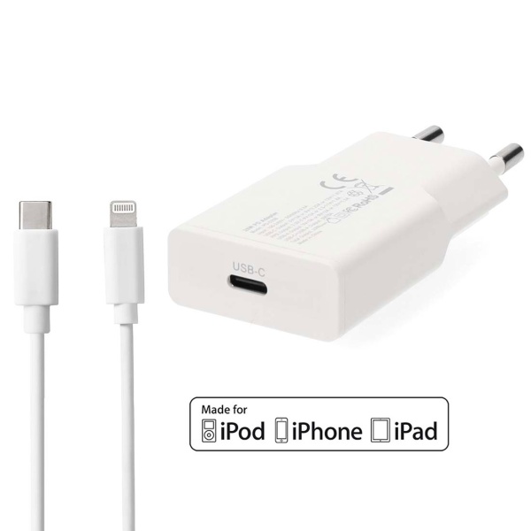 Schnellladegerät GaN USB-C 20W Weiss – Kompaktes Netzladegerät mit Lightning Kabel für Apple iPhone, Smartphone, Tablet 