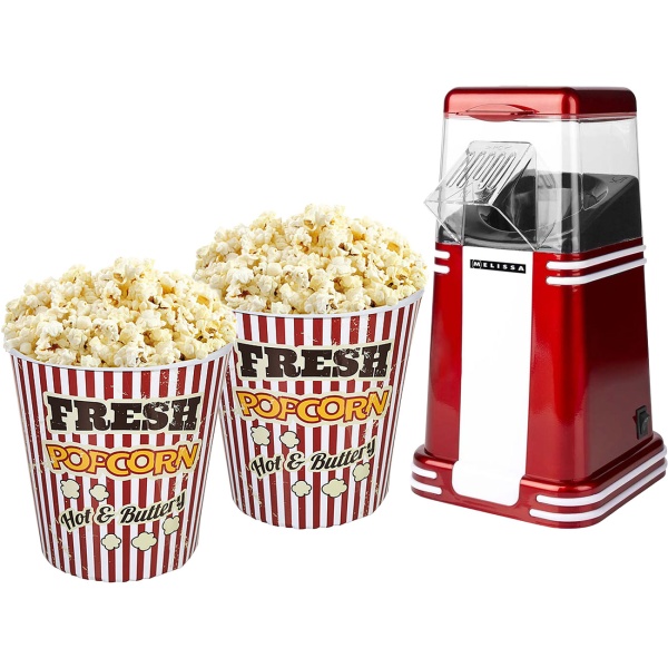 Retro Heissluft Popcorn Maschine - rot/weiss aus Aluminium / Kunststoff, 15x29x17cm, 2 Kino-Becher, Popcorn Maker, schnell, einfach, fettarm 