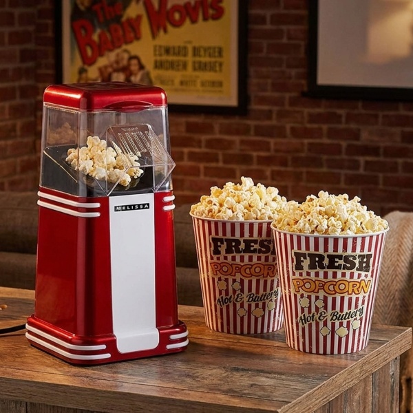 Retro Heissluft Popcorn Maschine - rot/weiss aus Aluminium / Kunststoff, 15x29x17cm, 2 Kino-Becher, Popcorn Maker, schnell, einfach, fettarm 