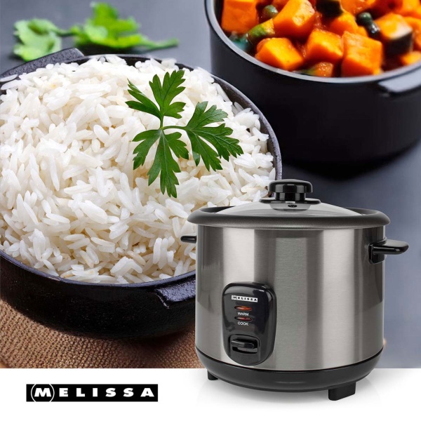 Stilvoller Edelstahl Reiskocher mit Warmhaltefunktion, 1,5 Liter, 500 W, schwarz - silber, antihaftbeschichtet, für bis zu 8 Portionen leckeren Reis