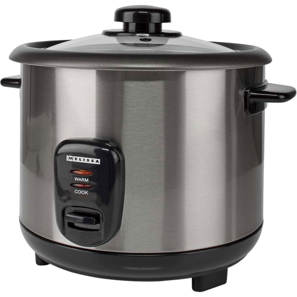 Stilvoller Edelstahl Reiskocher mit Warmhaltefunktion, 1,5 Liter, 500 W, schwarz - silber, antihaftbeschichtet, für bis zu 8 Portionen leckeren Reis