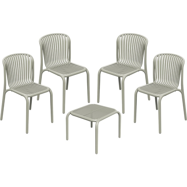 Set: 4 Stapelbare Gartenstühle und ein moderner Beistelltisch in Beige, Bauhaus-Optik - ergonomische Terrassenstühle & stabiler Gartentisch