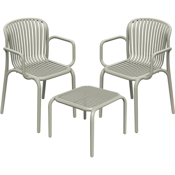 Set: 2 Bequeme Gartenstühle mit Armlehnen und ein moderner Beistelltisch, Beige - kompakt, leicht & für Aussen geeignet