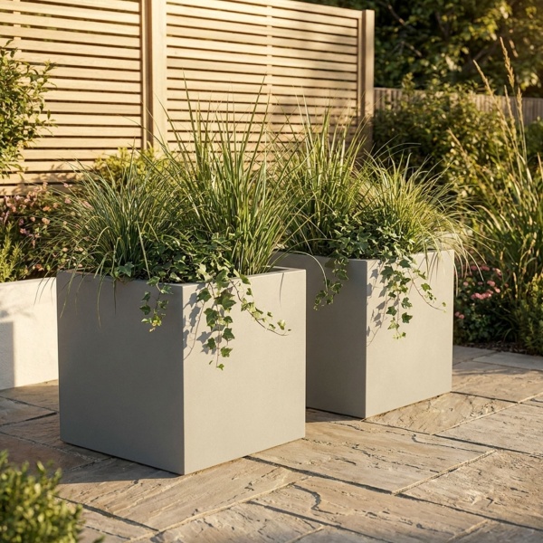 2er-Set Blumentopf Quadratisch 47cm in Beton-Grau, Pflanzkasten 51L aus Kunststoff für Innen & Aussen, Frostsicher & UV-Beständig, Leichtgewicht