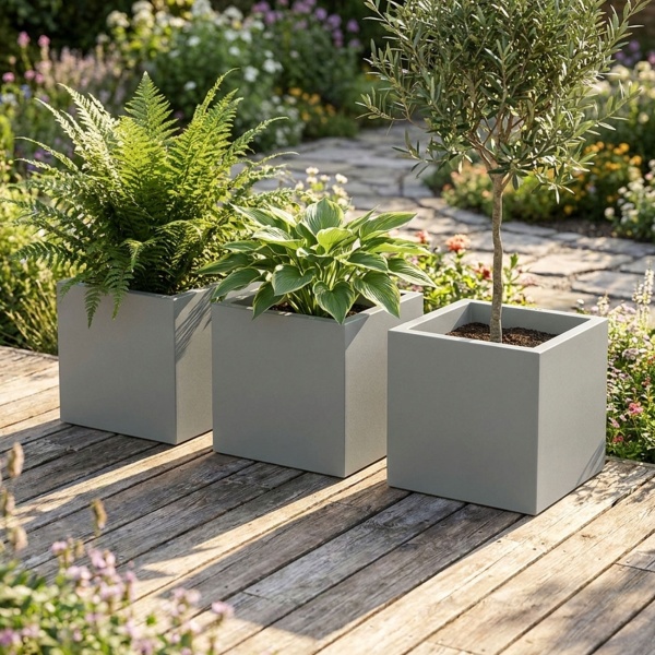 3er-Set Blumentopf Quadratisch 47cm in Beton-Grau, Pflanzkasten 51L aus Kunststoff für Innen & Aussen, Frostsicher & UV-Beständig, Leichtgewicht