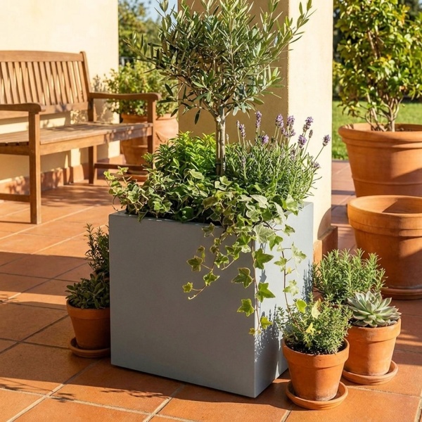 3er-Set Blumentopf Quadratisch 47cm in Beton-Grau, Pflanzkasten 51L aus Kunststoff für Innen & Aussen, Frostsicher & UV-Beständig, Leichtgewicht