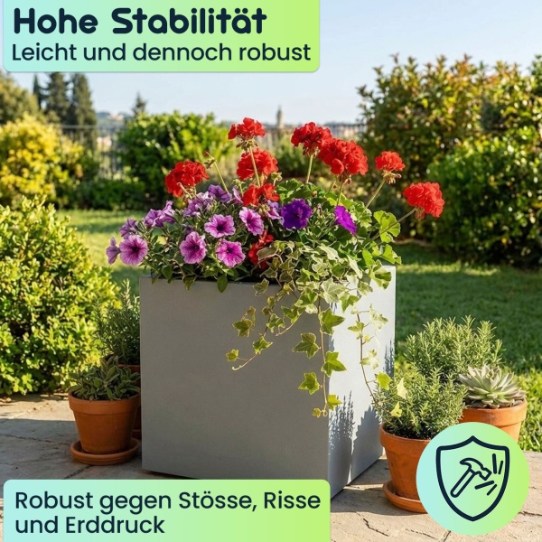 3er-Set Blumentopf Quadratisch 47cm in Beton-Grau, Pflanzkasten 51L aus Kunststoff für Innen & Aussen, Frostsicher & UV-Beständig, Leichtgewicht