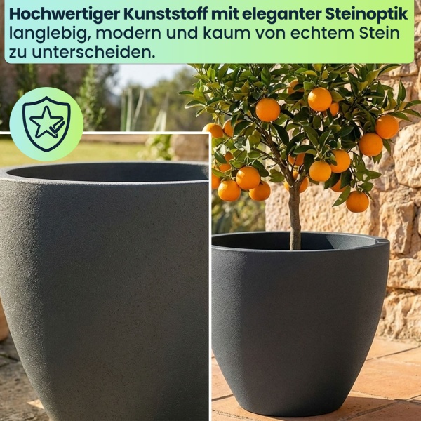 4er-Set Blumentopf Rund 38cm, Graphit – Grosses Pflanzgefäss für Aussen und Innen – Moderne Optik & Edles Design für Garten und Terrasse