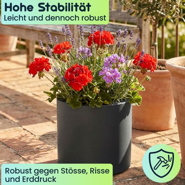 2er-Set Moderner Blumentopf Rund Ø38cm in Anthrazit, Pflanzkübel 19L aus Kunststoff für Innen & Aussen, Frostsicher & UV-Beständig, Leichtgewicht
