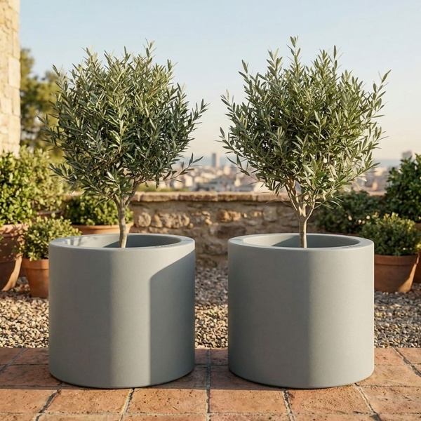 2er-Set Moderner Blumentopf Rund Ø47cm in Beton-Grau, Pflanzkübel 40L aus Kunststoff für Innen & Aussen, Frostsicher & UV-Beständig, Leichtgewicht