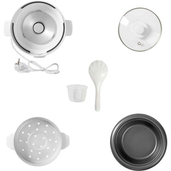 Reiskocher 0,6L mit Dampfgarereinsatz 300W – Antihaftbeschichteter Innentopf, Glasdeckel & Warmhaltefunktion – Inklusive Messbecher & Löffel