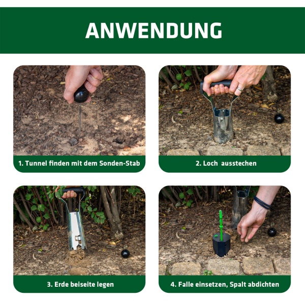 Effektives Wühlmausfallen 4er-Set mit Erdlochstecher & Sonden-Stab – Zuverlässige Tunnelfalle zur schnellen Nagerbekämpfung im Garten
