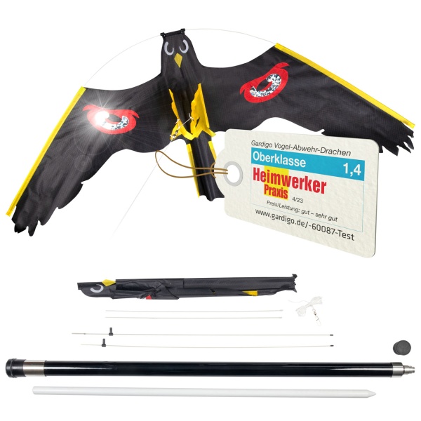 Vogelabwehr-Drachen Set: Grosse fliegende Vogelscheuche mit robustem 9m Fiberglas Teleskopstab für Garten, Felder & Fischteiche