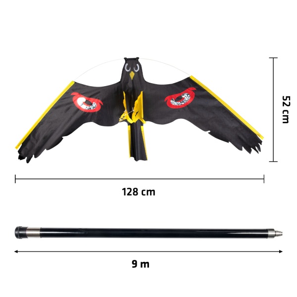 Vogelabwehr-Drachen Set: Grosse fliegende Vogelscheuche mit robustem 9m Fiberglas Teleskopstab für Garten, Felder & Fischteiche