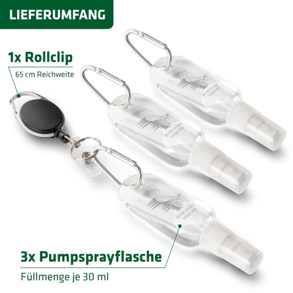 Wespenabwehr Sprühflasche 3er Set mit Karabiner & 65cm Abrollclip - Natürliche Wespenvertreibung ohne Chemie mit Wasser für unterwegs