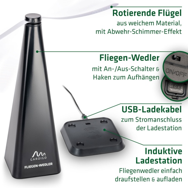 2er-Set Fliegenwedler mit Induktionsladestation - Akku Insektenwedler für Esstisch & Deckenmontage - Fliegenverscheucher mit Dauerbetrieb-Funktion