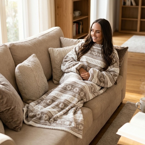 Decke mit Ärmeln, Norwegermuster, weiss-beige - Kuscheldecke mit Knopfverschluss, Ärmeldecke aus Coral Fleece für Damen & Herren, 30°C Waschbar