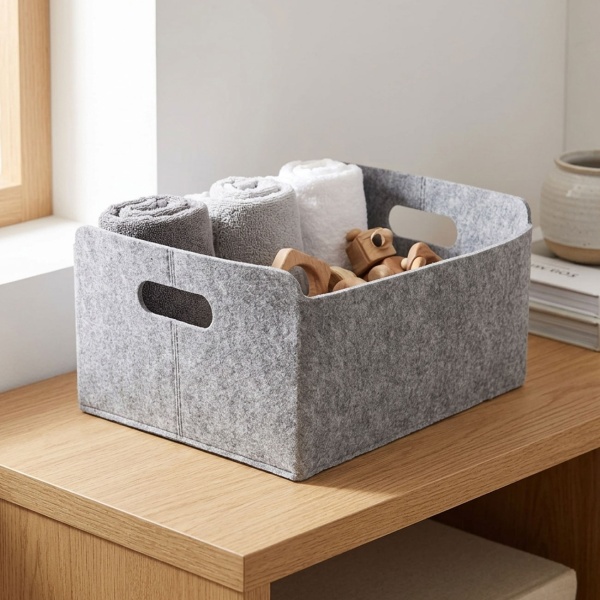 Aufbewahrungskorb aus Filz in Grau – Praktischer Ordnungshelfer mit robusten Henkeln – Vielseitige Aufbewahrungsbox für Regale & Schränke – 25x31x15 cm
