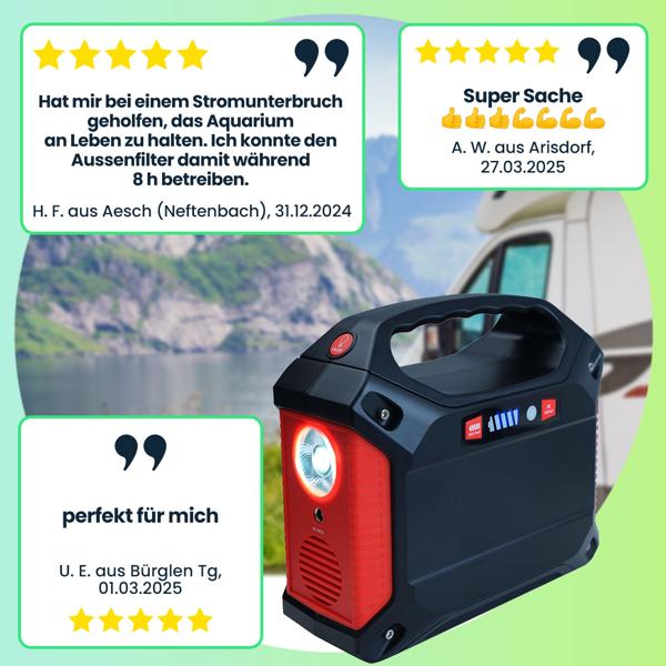 Tragbare Powerstation & Solar-Generator, 155 Wh, 180 Watt, Akku mit 230V & 12V, Leuchte, USB, Reise, Camping, Notstrom