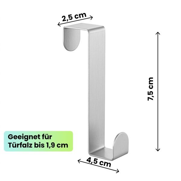 Türhaken Edelstahl 4er Pack - Türgarderobe ohne Bohren zum Einhängen, robuste Kleiderhaken für Türfalz bis 1,9 cm, für Bad, Schlafzimmer & Schränke