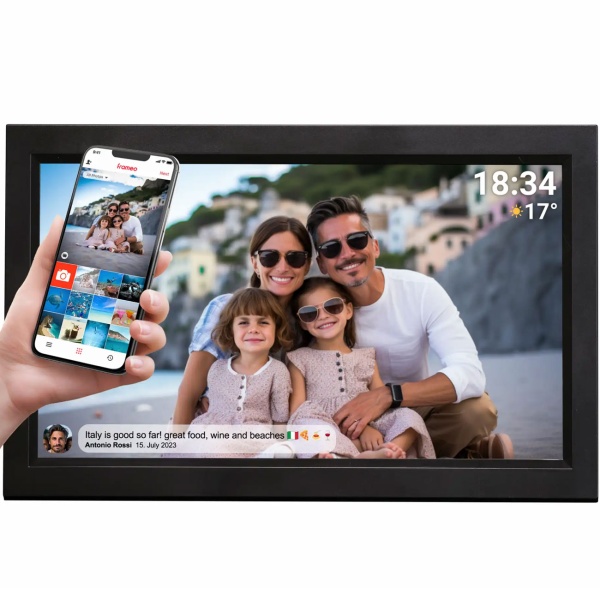 Interaktiver digitaler Bilderrahmen mit WLAN, Schwarz - Grosser Full HD Fotorahmen 15.6 Zoll als smarte Geschenkidee für Oma, Opa und Familie