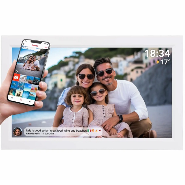 Interaktiver digitaler Bilderrahmen mit WLAN, Weiss - Grosser Full HD Fotorahmen 15.6 Zoll als smarte Geschenkidee für Oma, Opa und Familie