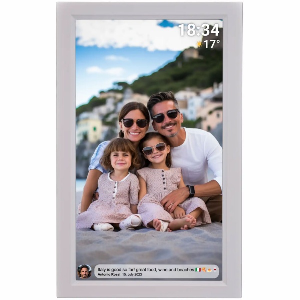 Interaktiver digitaler Bilderrahmen mit WLAN, Weiss - Grosser Full HD Fotorahmen 15.6 Zoll als smarte Geschenkidee für Oma, Opa und Familie