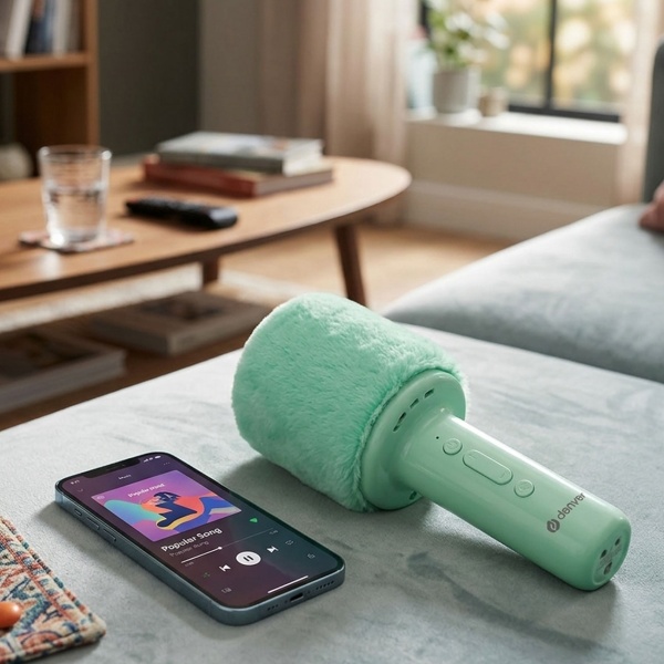 Bluetooth Karaoke Mikrofon mit Lautsprecher & flauschiger Oberseite Grün – Tolles Bluetooth Party Mikrophon für Gesang, Feiern & Spass unterwegs