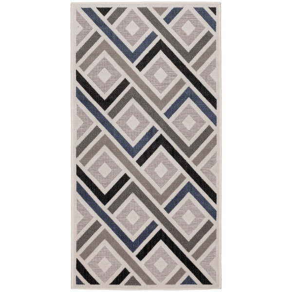 Robuster Outdoorteppich 80x150cm, Grau-Marineblau - Wetterfester Rauten Teppich für Balkon, Terrasse & Indoor, pflegeleicht