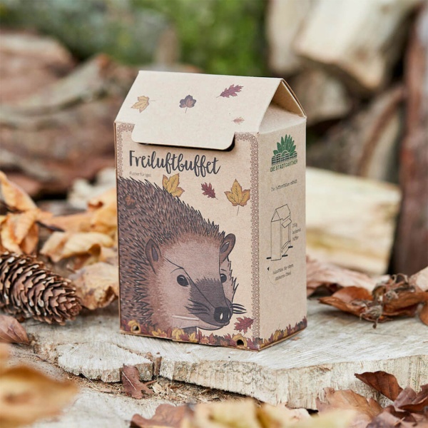 Freiluftbuffet Igel - Igelfutter Futterstation Komplettset - Artgerechtes Igelfutter mit Insekten - Plastikfreie Box, Made in Germany