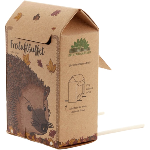 Freiluftbuffet Igel - Igelfutter Futterstation Komplettset - Artgerechtes Igelfutter mit Insekten - Plastikfreie Box, Made in Germany
