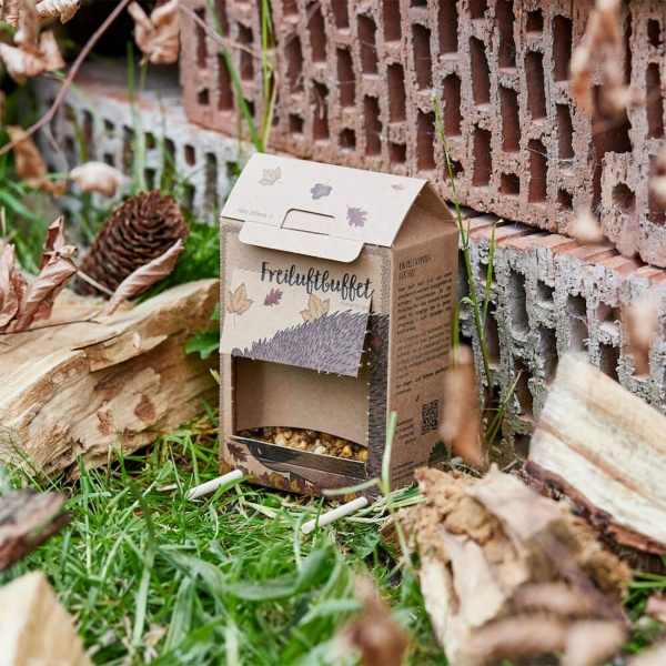 Freiluftbuffet Igel - Igelfutter Futterstation Komplettset - Artgerechtes Igelfutter mit Insekten - Plastikfreie Box, Made in Germany