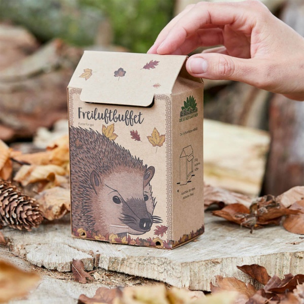 Freiluftbuffet Igel - Igelfutter Futterstation Komplettset - Artgerechtes Igelfutter mit Insekten - Plastikfreie Box, Made in Germany