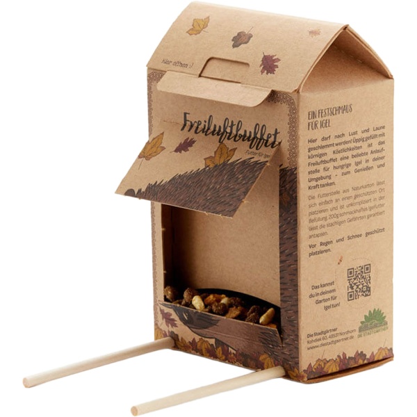 Freiluftbuffet Igel - Igelfutter Futterstation Komplettset - Artgerechtes Igelfutter mit Insekten - Plastikfreie Box, Made in Germany