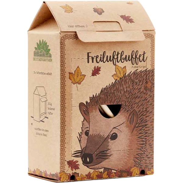 Freiluftbuffet Igel - Igelfutter Futterstation Komplettset - Artgerechtes Igelfutter mit Insekten - Plastikfreie Box, Made in Germany
