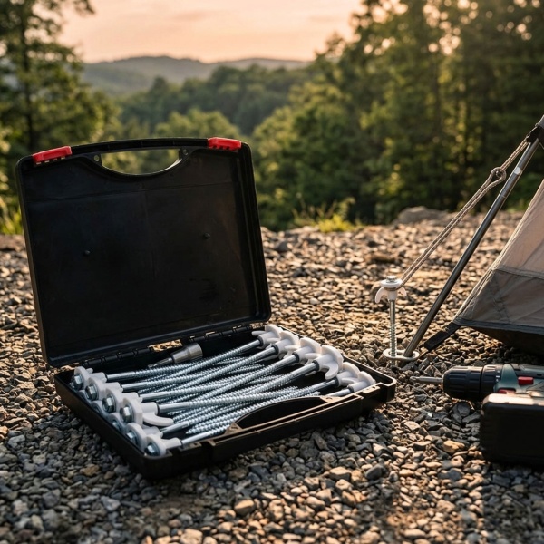 Praktisches Schraubhering Set 20 Stück mit Adapter für Zelt & Vorzelt – Stabile Schraubheringe 20,5 cm für Camping auf jedem Boden