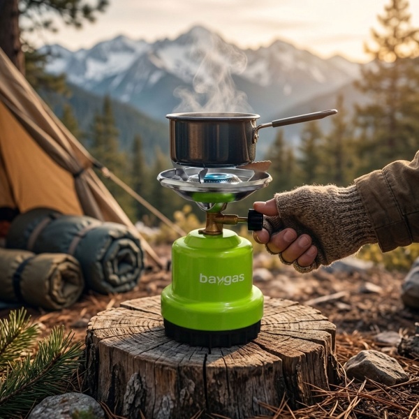 Kompakter Gaskocher für Camping & Outdoor, grün – Robutes Metallgehäuse, stufenlos regulierbare Flamme, für 190g Gaskartuschen, max. 0,8 kW Leistung