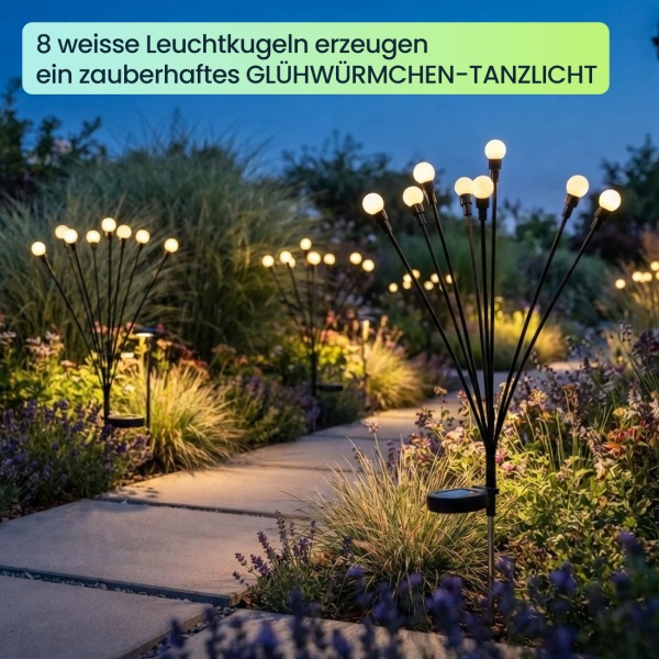 2er-Set Solar Glühwürmchenlicht für Garten: 8 bewegliche Leuchtkugeln mit 2 Modi, Erdspiess für stimmungsvolle Gartenbeleuchtung, 65 cm Höhe, wetterfest