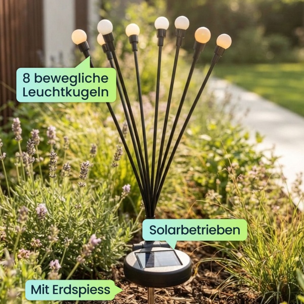 4er-Set Solar Glühwürmchenlicht für Garten: 8 bewegliche Leuchtkugeln mit 2 Modi, Erdspiess für stimmungsvolle Gartenbeleuchtung, 65 cm Höhe, wetterfest