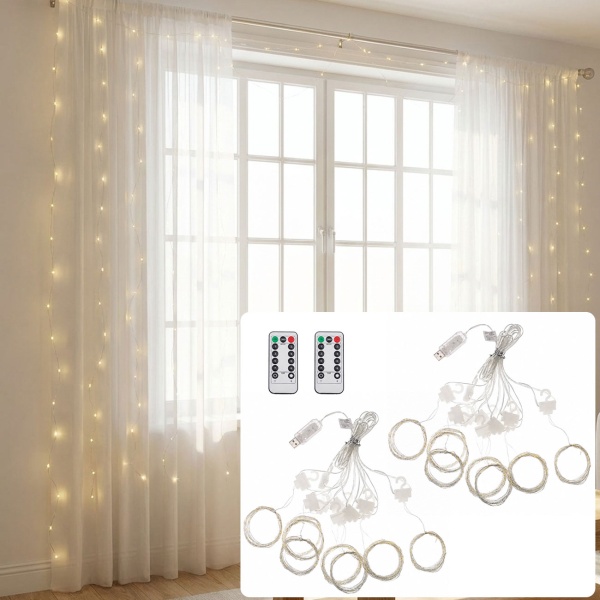 2er-Set Eleganter LED-Lichtervorhang 3x3m, je 300 warmweisse LEDs: Fernbedienung, 8 Modi, Dimmbar, Timer & USB, für Party, Hochzeit & Wohndeko