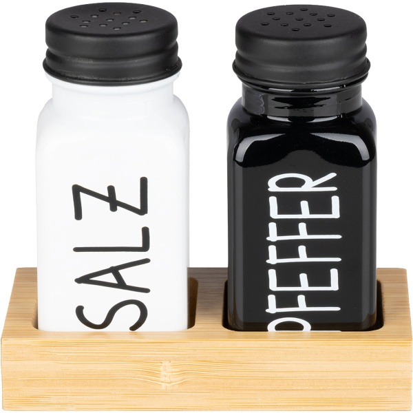 Gewürz- und Menage Set 4tlg. – Öl, Essig Karaffe & Salz und Pfeffer Streuer mit Bambusständer, Modernes Schwarz-Weiss Design für Küche & Esstisch