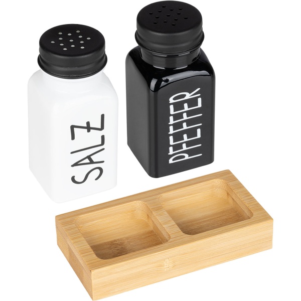 Gewürz- und Menage Set 4tlg. – Öl, Essig Karaffe & Salz und Pfeffer Streuer mit Bambusständer, Modernes Schwarz-Weiss Design für Küche & Esstisch