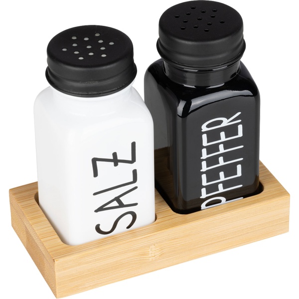 Gewürz- und Menage Set 4tlg. – Öl, Essig Karaffe & Salz und Pfeffer Streuer mit Bambusständer, Modernes Schwarz-Weiss Design für Küche & Esstisch