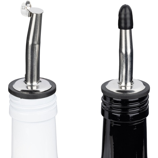Gewürz- und Menage Set 4tlg. – Öl, Essig Karaffe & Salz und Pfeffer Streuer mit Bambusständer, Modernes Schwarz-Weiss Design für Küche & Esstisch