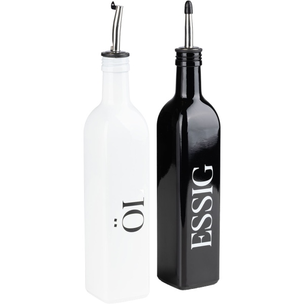 Gewürz- und Menage Set 4tlg. – Öl, Essig Karaffe & Salz und Pfeffer Streuer mit Bambusständer, Modernes Schwarz-Weiss Design für Küche & Esstisch