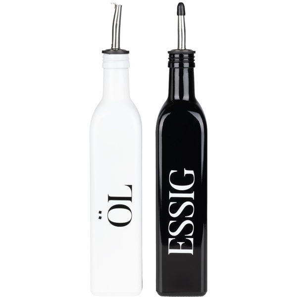 Gewürz- und Menage Set 4tlg. – Öl, Essig Karaffe & Salz und Pfeffer Streuer mit Bambusständer, Modernes Schwarz-Weiss Design für Küche & Esstisch