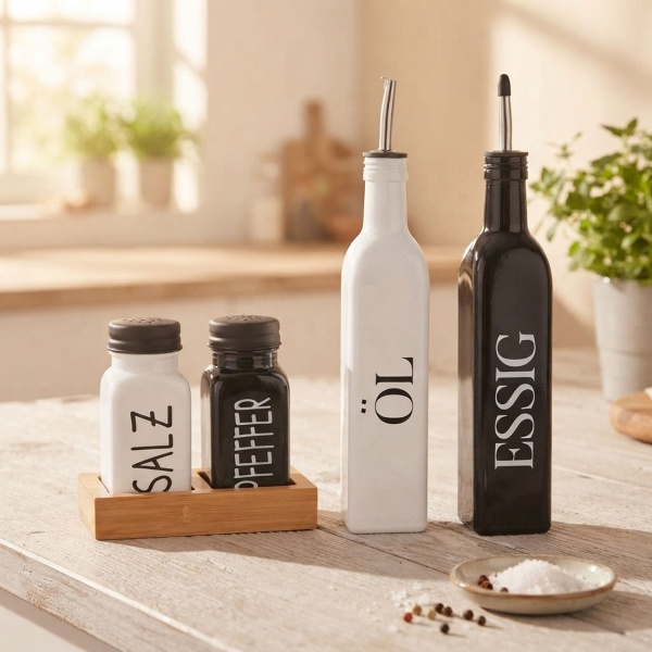 Gewürz- und Menage Set 4tlg. – Öl, Essig Karaffe & Salz und Pfeffer Streuer mit Bambusständer, Modernes Schwarz-Weiss Design für Küche & Esstisch